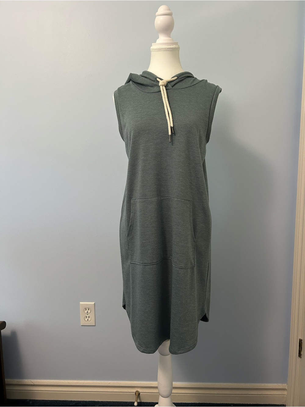 Vanilla Bay Sleeveless Hooded Dress in Dusty Teal Blue-Green
